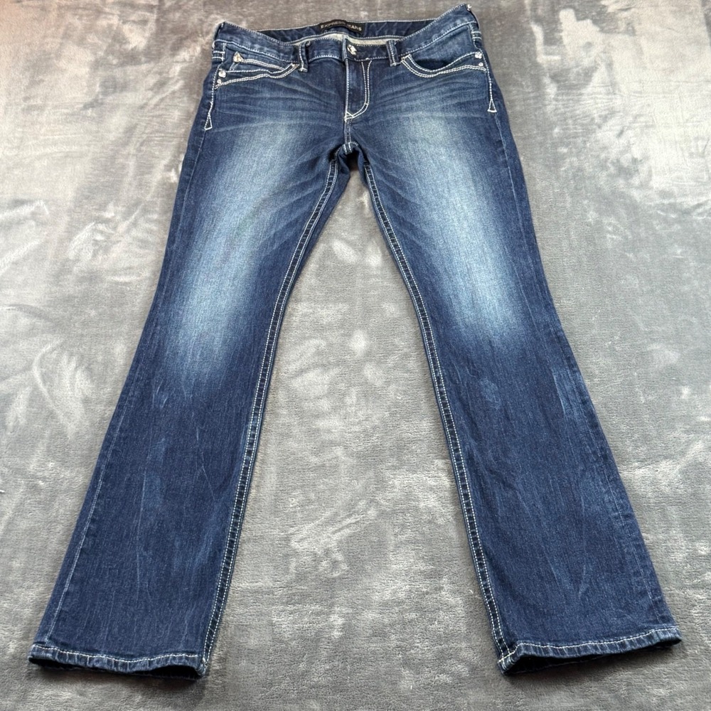 Express Barely Boot Low Rise Dark Wash Bootcut Jeans Blue Size 10L Rhinestone‎
